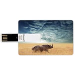 32G USB Flash Drives Credit Card Shape Safari Decor Memory Stick Bank Card Style Rhino Rhinoceros Sun Shining Through Cloudy Sky Grassland Autumn View Picture Waterproof Pen Thumb Lovely Jump Drive U