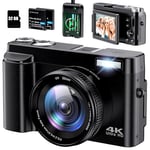 Appareil Photo Numérique 4K, Appareil Photo Compact 48MP 16X Digital Zoom à Écran Rabattable à 180° Avec Autofocus, Flash, Station de Charge, 2 Batteries, Carte 32 GB pour Débutants, Enfants, Vlogging