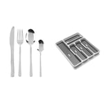 Russell Hobbs RH00023 Vienna 24 Piece Cutlery Set - Stainless Steel Flatware & Addis Premium Soft touch 6 Compartment Cutlery Drawer Organiser Tray, White and Grey 6 Sections