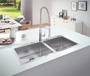 GROHE Kitchen Set of K7 Tap & K800 Kitchen Sink- (Stainless Steel Double Sink Both Bowls 462x400x200 mm Thickness 1 mm Full Size 1024x510 mm, Chrome Professional Kitchen Tap Size 674mm Tails 3/8 Inch)