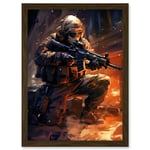 Artery8 Army Warfare Desert Sniper Explosion Flames Oil Painting Soldier Action Scene Artwork Framed Wall Art Print A4