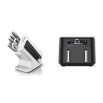 Bloc-couteaux Ninja Foodi StaySharp avec Affûteur, 6 Pièces Aiguisés, Acier Inoxydable, K62006EUWH + Ninja Foodi Dual Zone Airfryer Digital, 2 Tiroirs, 7,6L, 6-en-1, Sans huile, AF300EU