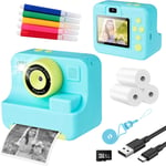 Appareil Photo Instantané Pour Enfants - Avec Papier D'Impression Et Carte Tf 32 G - Caméra Vidéo Avec Stylos Colorés - Jouet Cadeau Pour Enfants De 3 À 14 Ans (Bleu)