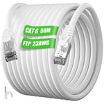 Cable Ethernet 50m Cat 6, Cable RJ45 50m Blindé Haute Vitesse Câble Réseau Extérieur Intérieur Câble Internet 50 mètres Gigabit Anti-interférence Câble LAN Blanc pour Router PS4/5 (50Clips).[G634]