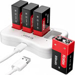 Pile 9V 850mAh Rechargeable Batterie au Lithium et Chargeur pour Détecteur de Fumée, Alarme Incendie, Multimètre, Microphone sans Fil, [4 Piles et 1 Chargeur].[G1556]