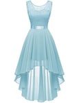 Berylove Vintage Robe de Cocktail Pin Up High Low en Dentelle Mousseline pour Mariage Soirée Bal Jupe Asymétrique sans Manche avec Ceinture 35 Light Blue 3XL