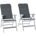 Outsunny - Lot de 2 chaises de jardin pliantes dossier haut inclinable multipositions accoudoirs tétière alu. oxford déperlant gris - Gris