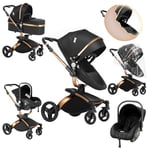 Sianldcone Cuir PU Poussette 3 en 1, 360° Siège Pivotant Poussette Bebe, Poussoir Bidirectionnel Poussette Avec Cosy, Vision Buverte Poussettes Combinées (906 Black)