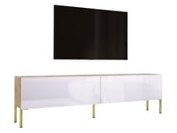 Meuble TV Chêne Wotan / Blanc Brillant Avec Pieds Or, 170 X 52 X 32 Cm