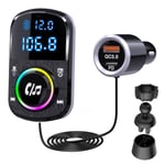 GizmoVine Car Bluetooth Transmitter, FM Transmitter, Support Hands Free/QC3.0 & PD Fast Charger/Ambient Light/Self-Adhesive Base and Clip with 1.1 Cable - BT/TF Card Music Player