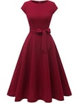 DRESSTELLS Robe Cocktail Mariage Vintage Robe Casual Femme Robe de Soiree Femme Robe baptême col Rond Manches Courtes Bourgogne 3XL