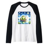 Frogs In Boat Fishing For Stars. Pond Leaves Colorful Raglan Baseball Tee