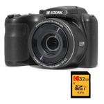 KODAK Pixpro Astro Zoom AZ255 + SD Memory Card 32 GB – 16 MP Digital Bridge Camera, 25X Zoom, 1080p HD Video, 24 mm Wide Angle, 3 LCD Screen, AA Battery – Black