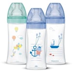 DODIE Dodie Set Med 3 Sensation+ Anti-kolik Nappflaskor 330 Ml +6 Månader, Platt Napp, Flow - Havsblå Och Luftgrön