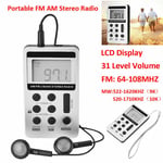 Portable AM FM Dual Band Stereo Radio Receiver LCD Digital Display w/ Earphone