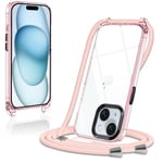 Coque pour iPhone 15 avec Cordon de Collier, Transparente Silicone Housse avec Réglable Lanyard, Anti-Chute Ètuis pour iPhone 15 6.1 Pouces, Bandoulière - Rose