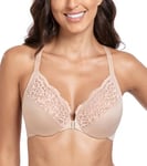 Lemorosy Soutien-Gorge Fermeture Devant Bonnet Complet sans Armature en Dentelle pour Femmes Grandes Tailles Beau Dos (Beige,FR105E)