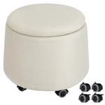 WOLTU Tabouret Rangement à roulettes, Repose Pied Salon, Pouf Rond Chambre, Coffre de Rangement Mobile avec Couvercle Amovible, Siège Rembourré, en Lin, Crème, SH91cm