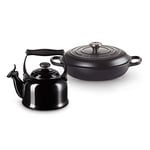 LE CREUSET Signature Cast Iron Shallow Casserole, 30cm, Satin Black, 30 cm + Le Creuset Traditional Stove-Top Kettle with Whistle, Suitable for All Hob Types Including Induction and Cast Iron
