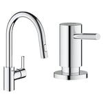 GROHE Robinet de cuisine évier Feel, douchette extractible, rotation 360°, bec en U, inverseur 2 jets, robinet mitigeur cuisine, chromé & 40535000 Distributeur de Savon Cosmopolitan, Chromé