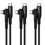 Lot de 3 câbles USB C vers USB C,1 m,60 W,type C vers type C,angle droit de 90 degrés,charge rapide PD,compatible avec Galaxy S22,S21,Mac-Book,i-Pad Pro,i-Pad Air (0,9 m,noir)