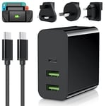 65W USB C Fast Charger Plug for Steam Deck, 3 Port PD Charger Plug for Nintendo Switch/Laptop/Phone, Foldable Fast Charging USB C Laptop Charger with 6.5ft/2m Type C Charging Cable