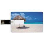 16G USB Flash Drives Credit Card Shape Seaside Memory Stick Bank Card Style Parasol and Chair Sunny Day in Romantic Beach Caribbean Paradise Image,Ivory Aqua and Blue Waterproof Pen Thumb Lovely Jump