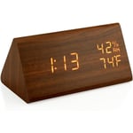 Mowze - Réveil numérique en bois led Horloge numérique Luminosité réglable Horloge de bureau avec température et humidité, 12/24 heures Réveil