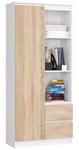 Bibliothèque de bureau AKORD R11 Blanche 80 cm 1 porte 2 tiroirs façade Chêne Sonoma 7 étagères 80x35x180 cm