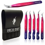 Razor Edge Eyelash Tweezers 5 Pack Set with 5 tips Pink/purple with Black Case