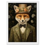 Artery8 Fox in Floral Victorian Suit and Top Hat Surrealism Artwork Green Orange Woodland Gentleman Artwork Framed A3 Wall Art Print