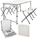 Set de table de camping avec 4 tabourets - 120 x 60 x 55/63/70 cm - hauteur réglable - charnières - blanc / crème - en aluminium et mdf - table