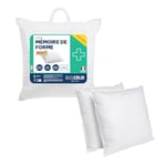 Bleu Câlin Lot de 2 Oreillers Carrés Mémoire de Forme, Barrettes mousse à mémoire de forme et fibre polyester, 60 x 60 cm, Blanc