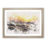 Big Box Art Orange Sunset Above The Waves Watercolour Framed Wall Art Picture Print Ready to Hang, Oak A2 (62 x 45 cm)