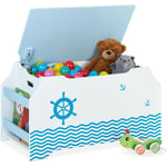 Relaxdays - Coffre à jouets, motif maritime, malle, couvercle, hlp : 46x84x42,5 cm, range-livres, bac peluches, bleu-blanc