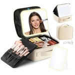 Luxspire Makeup Bag with LED Mirror,Travel Makeup Case with light 3 Setting Removable Compartments Cosmetic Organiser Bag Makeup Train Case Storage Bag Vanity Case for Makeup Tools Brush,Apricot White