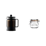 BODUM 1784-01 Kenya 4 Cup French Press Coffee Maker, Black, 0.5 l, 17 oz & Kilner Clip Top Round Storage Jar, Glass