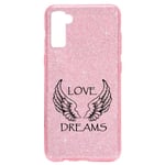 Coque Galaxy S21 paillettes rose love dreams ailes noir