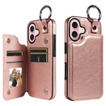 SKALO iPhone 16 PU-Läder Korthållare med Ring Skal - Roséguld Rosa guld