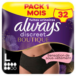 Always Discreet Boutique, 32 Culottes Incontinence Femme, Plus 6 Gouttes, Sous-Vêtements Taille L, Noire, Protection Très Absorbante pour Fuites Urinaires Importantes, Pack 1 Mois