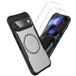 AOKUMA Magnetic Carbon Fiber Case for Google Pixel 9,with 2 Pack Screen Protector,Military Grade Carbon Fiber Case Cover Compatible with MagSafe for Google Pixel 9 - Black