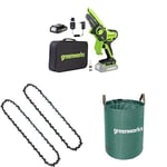 Greenworks 24V Mini Tronçonneuse 10cm Livré avec batterie 2ah et chargeur + Greenworks 10cm chaîne Pack de 2 chaînes + Sac à déchets de jardin Greenworks 120 L