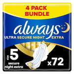 Always Ultra Sanitary Towels/Pads with Wings, Secure Night Extra Size 5, Ultra Thin, 72 Towels (18 x 4 Packs), Super Saving Box, Odour Neutraliser, Super Absorbent Core