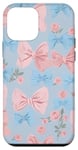 Coque pour iPhone 12 mini Nœuds bleu clair avec motifs roses et papillons