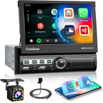 Carplay Autoradio 1 Din avec 7 Pouces Rétractable Écran Tactile Post Radio Voiture avec Android Auto Bluetooth Main Libres FM Radio Lien Miroir USB SWC + Caméra de Recul(Q289)