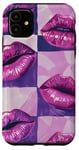 Coque pour iPhone 11 Violet Abstrait Damier Rose Rouge à Lèvres Motif Baiser