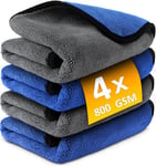 Airlab Chiffons Microfibre Voiture Professionnel Efficace Lot de 4, Serviettes pour Detailing Auto Moto, Torchons 800 GSM Anti Rayures Polissage Super Absorbant Séchage, 40 x 40 CM, Bleu et Gris