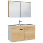 Meuble salle de bain RUBITE simple vasque 2 portes Chêne clair L. 90 cm + miroir armoire - Saniverre