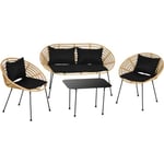 Salon de jardin 4 places 4 pièces style exotique table basse coussins noirs fournis résine tressée aspect rotin 125x64x75cm Noir