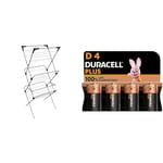Vileda Sprint 3-Tier Clothes Airer, Indoor Clothes Drying Rack with 20 m Washing Line, Silver & Duracell Plus D Batteries (4 Pack) - Alkaline 1.5V - 100% Life Guaranteed